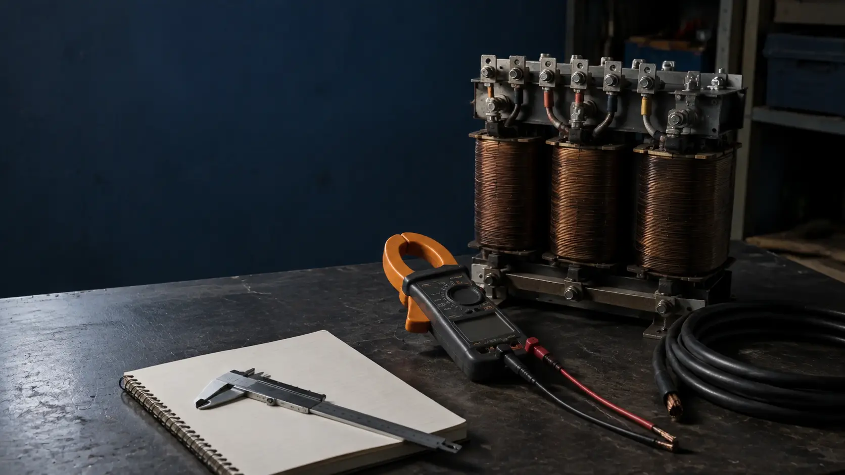 Bobinages triphasés, pince ampèremétrique et instruments de dimensionnement sur un établi