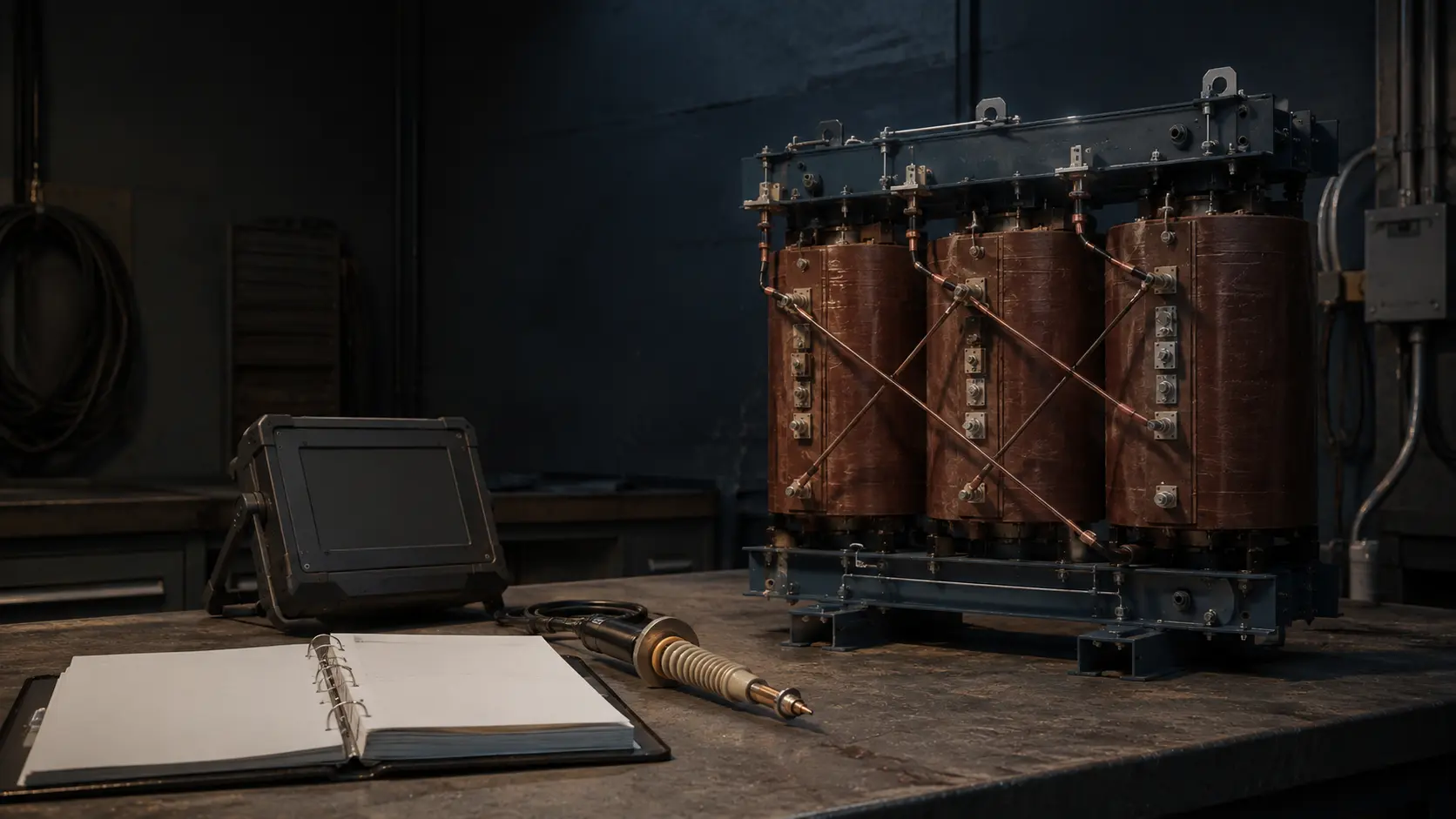 Transformateur sec, dossier technique et instrument de contrôle sur un établi d’inspection
