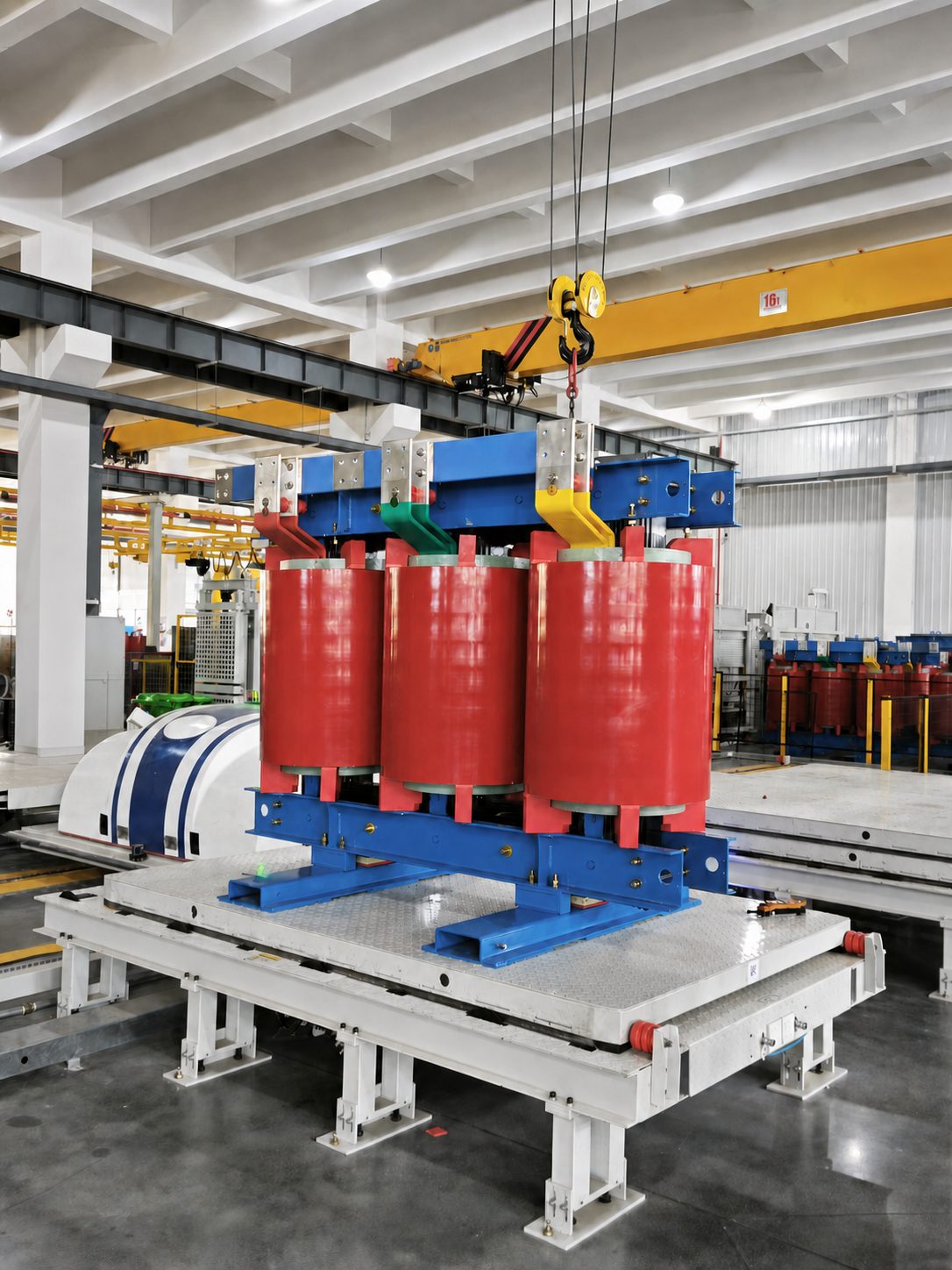 Cast resin dry-type transformer lifted by overhead crane onto the test platform