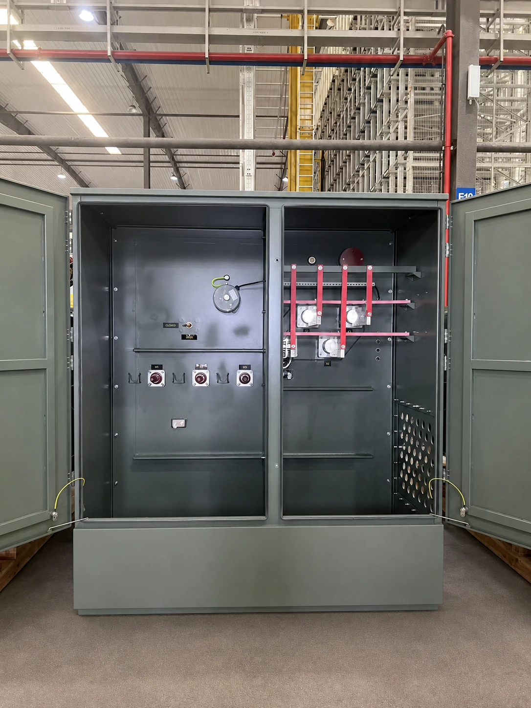 Open pad-mounted transformer showing separate cable compartments and internal connections